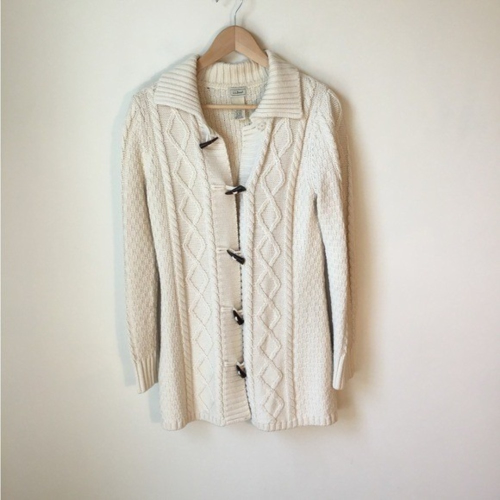 L.L. Bean Cream Wool Blend Long Cable-Knit Toggle Cardigan - Picture 1 of 5